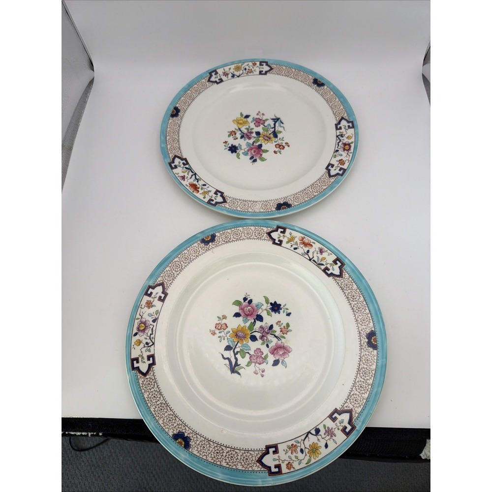 Cauldon England Floral 10" Dinner Plates 2482 Turquoise Border Vintage Set of 2